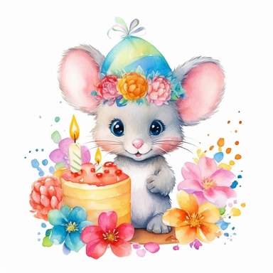 cute cartoon mouse, celebrating birthday party, rainbow colours, flowers, watercolor clipart, pure white background