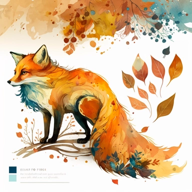 make a clipart Playful fox, vibrant autumn foliage, curled tail, expressive eyes, warm orange and red tones, watercolor texture, splashes of color, loose brushstrokes like Emma Block, loose and free-flowing style