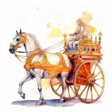 Fantasy style ancient roman horseless chariot with watercolor effect,Celestial Vehicle,Saffron coloured cloak,ancient roman fashion,ancient scene,suitable for digital clipart,white background,Unrealistic Effects,Fantasy Twinkles,Dawn Landscape