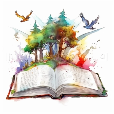 Watercolor Fantasy open Books Clipart with fantasy castlle, birds, trees, forest, clouds, rambo and very detalied, the perspective is from a road from forest mistic look, fairytale magic colorful admosfere, hight quality white background