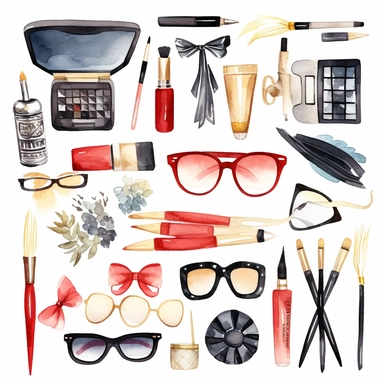 Hand-painted watercolor clipart set on white background featuring a trendy and universally appealing theme. This set captures the essence of a popular trend that resonates with a wide audience. It includes modern and stylish elements, such as fashionable accessories, iconic symbols, or popular motifs that are currently in vogue. The color palette is contemporary and eye-catching, incorporating trendy hues and tones. Created with artistic brushstrokes, reflecting the current trends and appealing 
