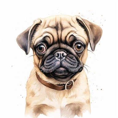 Cute Pug dog portrait, full face, centered shot, side shot, dynamically posed, in action, playful mood, happy mood, playing mood, cute face, adorable smile, childlike eyes, clean watercolor illustration, white background, nursery baby imagery, painting, detailed, 8k, PNG, clipart
