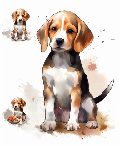 watercolor cliparts happy beagle puppy beg for food,mute color, white background