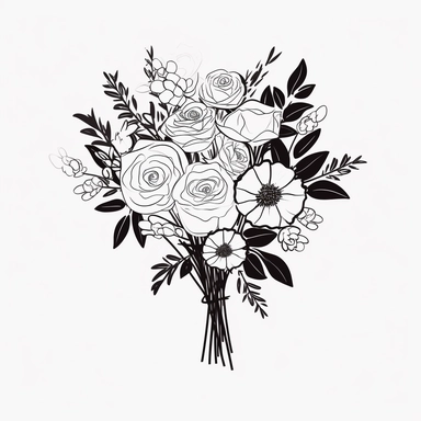 vector illustration, hand drawn, elegant floral bouquet with blossomed roses, silhouette, outline svg, clipart, roses wedding bouquet, all white background