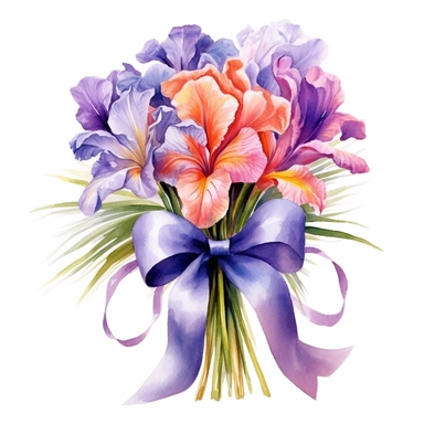 beautiful, bright colors, [Iris floral bouquet] with a pink tied bow ribbon, watercolor, cinematic, dramatic, realistic, very detailed, white background, clipart, medium image size,