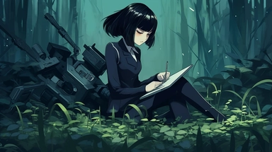 high quality clip art of reading anime girl robot in swamp, black hair and black suit, white solid color background, cold color palette based blue, Pro freelance, Illustration agency, behance style,