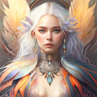watercolor hyper realistic beautiful young girl with snowy white hair, symbolizing the rebirth of a phoenix rising from the ashes, while the woman's pose and appearance evoke a sense of renewal and new beginnings. The girl is dressed in playful and imaginative Egyptian Pharaoh - inspired couture fashion. Bold and colorful patterns featuring Celestial Filigree, Geode Crystalline, Asymmetrical Splice, Bio - Luminescent Bloom, Origamic Tessellation, and other hieroglyph - inspired designs. clipart 