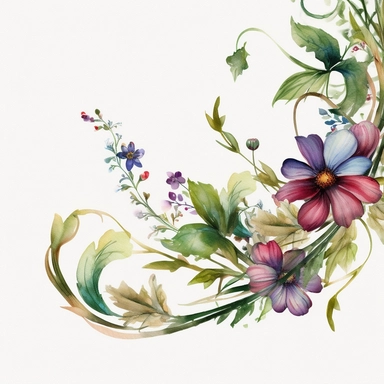watercolor, wildflower, bottom left-hand corner scroll ideal for wedding stationery, clipart
