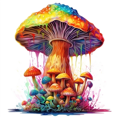 clipart mushroom, Psychedelic art, Acid Art, high resolution, neon rainbow colored, white background