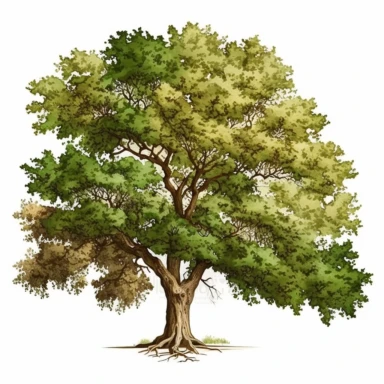 florest tree, green and brown oak tree, white background, clipart