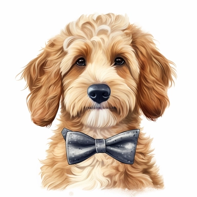 cute golden doodle wearing bow tie and suit, realistic, vector, illustration, clip art, white background