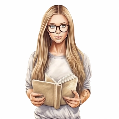 isolated illustration on a white background, a hyper realistic girl in a beige outfit wearing glasses holding a book in her hand long ultra straight very natural looking long straight hair, in the style of populair Etsy clipart, 32k, Clipart, watercolor r