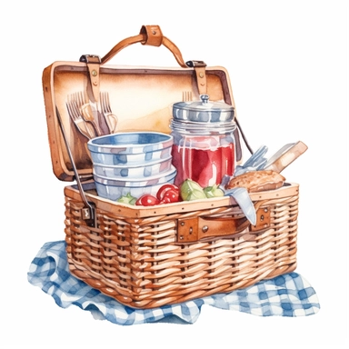 Picnic basket watercolor clipart, white background, neutral muted colors, high quality, hyperrealistic, detailed, vintage, USA, color palette red, blue and white