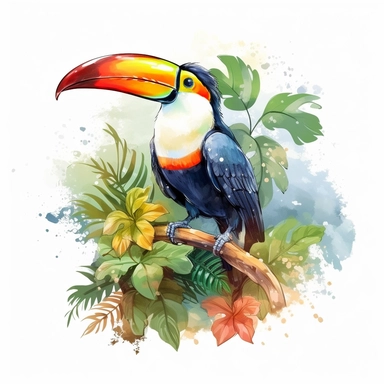 A toucan sitting proudly on a branch in the forest, looking off into the camera, with a few tropical plants and leaves framing the scene, vivid colors, watercolor by Liu Yi, clipart, solid background, 8k