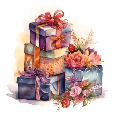 insanely beautiful pile of 3 gift packages , in the style of beatrice potter, 32k uhd, hand-painted details, pastoral illustrations, amazing colour combinations , aquarellist, hd , white background clipart ,-- no watermark--ar 27:37