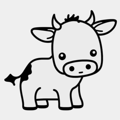 Simple outline of a baby cow, kids cartoon, minimalist, black on white, lineart, 2d flat file, silhouette, clipart, uninterrupted outline as in an svg, perfect outline corners, make it an outline svg and fill color white, exact outline, the line should not be thickened, the line should not be thicker or thinner, the outline of the line should be thin, maximum 1 millimetre.