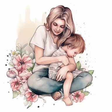 mothers day, mother hugging her little son, watercolor clipart, hearts, floral, white background, png