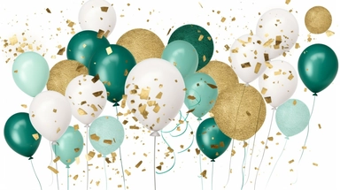 This clipart features teal and gold glitter balloons that are both elegant and stylish with white background. The balloons are arranged in a cluster and have a digital overlay that creates a glittery effect. The background is white, which makes the colors of the balloons stand out even more. Additionally, the clipart includes glitter confetti scattered throughout the image, adding a touch of celebration and festivity. This clipart is perfect for any project or event that requires a sophisticated