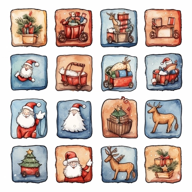 Watercolor line art, little squares filled with doodly patterns of santa sleigh, illustrations clipart set, simple, christmas colors , cartoon elements, different variants , modern art, separate elements with a margin