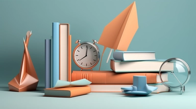 book, paper plane, paper clip, magnifying glass, magnifying glass, clock, 3d rendering, education concept, 3d, in the style of light azure and orange, sculptural ceramics, atey ghailan, website, piles/stacks, subtle color palette, mid-century
