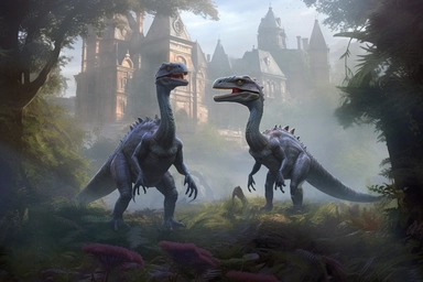 realistic clipart velociraptors in foggy enchanted castle garden, digital painting