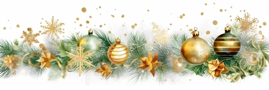Christmas whithe with bokhe background, festive horizontal border. Golden bell. Assorted ornaments, green gold glass balls, stars, snowflakes, fir tree twigs, candy cane. Winter holiday clip art. Seasonal decor