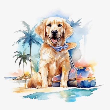 summer, dog beach, clipart, watercolor, no background, white background, dog, oil art