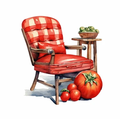 tomato chair watercolor clipart & clip art, in the style of light red and dark gray, narrative paneling, classic american cars, uhd image, hand lettering, depiction of rural life, wood