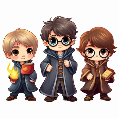 cute little harry potter characters in their wizard robes, cartoon style, clip art, white background