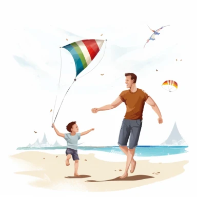 fathers day, clipart, father and son, fly kite in beach, white background