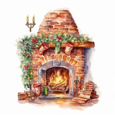 watercolor style, christmas fireplace clipart, isolated on white background, 4K