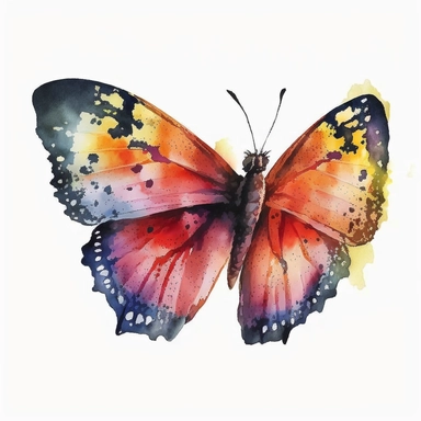 watercolor butterfly clipart, flying butterly, red, yellow, bright colors, no outlines, white background, no text
