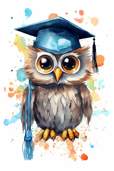 Create a watercolor clipart picture of a cute and happy owl wearing a graduation cap. The owl should have an adorable and delighted expression, with its feathers depicted in soft watercolor textures. The graduation cap should be adorned with a tassel and placed on the owl’s head. Surround the owl with celebratory elements such as confetti, balloons, and diplomas.
