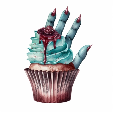 Hand drawn cupcake, teal wrapper, burgundy frosting, zombie hand reaching out of cupcake, shades of teal and burgundy, goth, glamorous, Halloween, very detailed and realistic, watercolor, white background with margins, clipart style