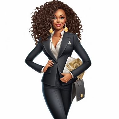 amazing businesswoman clipart, stylish, confident, and has the perfect smile. With her beautiful curly long hair, trendy fashion clothes, gold jewels, and luscious fingers, gorgeous ebony light skin tone that makes her stand out, businesswoman clipart, white background