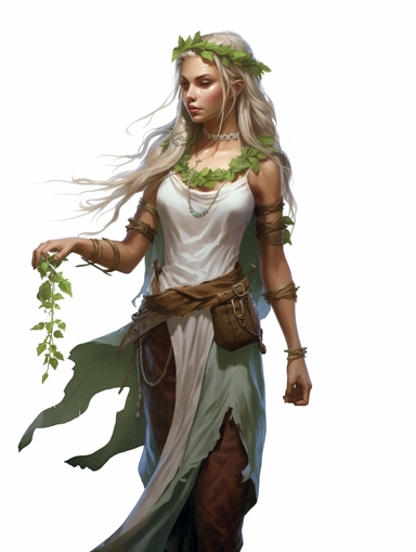 a full-body realistic female elven druid in DnD style, clipart png, realistic, digital painting, WHITE BACKGROUND, fantasy style, realistic, painting, watercolor, 8k, ultra details,