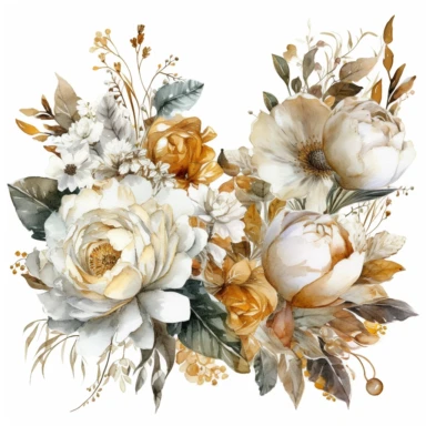 intricate three small bouquets of different white wild fall flowers with golden detail watercolor clipart, luxurious textures, nature-inspired pieces, very high resolution, white background