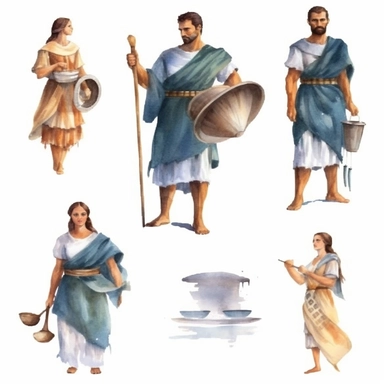 Watercolor well built roman man and woman with white cloths , illustrations clipart set, simple, , cartoon elements, different variants , separate elements with a margin