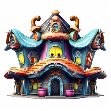 3D symmetrical house game clipart asset front-facing front profile view, a single storey house, toyish house, in the style of ralph bakshi, storybook-esque, disney animation, cartoonish chaos, blown-off-roof perspective, goblin academia, beaux arts style, colorful fantasy realism, accurate and detailed, twisted imagination, with a touch of modern influences and slight sci fi details depicted in an orthographic perpsective, Furture epoch, Unreal Engine, OpenGL-shaders, GLSL-shaders, white backgro