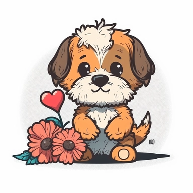mascot flat color cartoon Cute little dog with flower. Happy Valentine's day clipart. cartoon, vector, illustration. white background