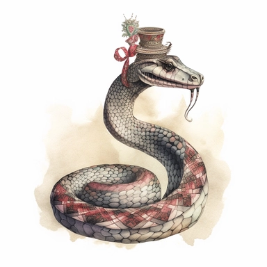 hand drawn vintage circus cobra that has a womans top half, glamorous, soft, detailed and realistic, watercolor, clipart style, white background with margins