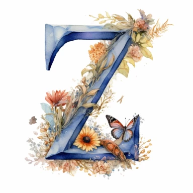 letter Z, decorated with wildflower, subtle butterlies, fine details, soft pastel watercolors, clipart