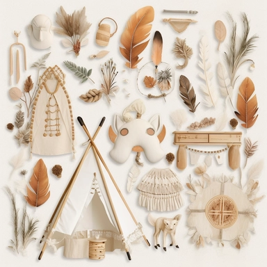 create beautiful clip art layout for boho baby items in high detail, uhd, white background, no shadows, extremely high resolution, white only background, very clean, with white space around each item
