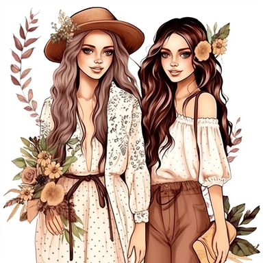 boho Best Friends Clipart, Girlfriends, full body, fashion, pretty face