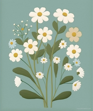 white flowers forget-me-not and daisy on a pale blue background, in the style of dark teal and light white, by wilhelmina barns-graham, dark emerald and beige, naive art, 2d flat, by henri rousseau, light yellow and white, soft watercolours, playful innocence, soft muted colors, viennese secession, clip art,