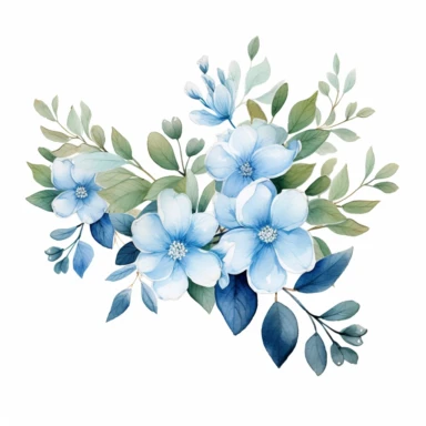 blue colored jasmine flower arrangement with watercolor effect,suitable for digital clipart,white background,green leaves