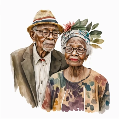dark skin old couple Watercolor clipart white background