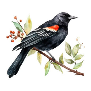 a single watercolor Red-winged Blackbird sitting on a leafy branch clipart, hd, white background, spaced out