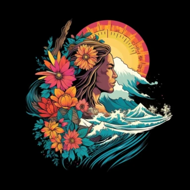artwork of t shirt graphic of Naive American Super Model waer Native American style in digital painting style ,colorful color, Sage, beautiful flowers, sunrise mountains and clouds , big sea waves, water splashes, black background, colorful fantasy flower sorround, highly detailed clean, vector image, photorealistic masterpiece, professional photography, realistic, , isometric, vibrant vector, clipart, illustration, realism, 4k, , cinematic, front view , unreal engine, Matrix Style