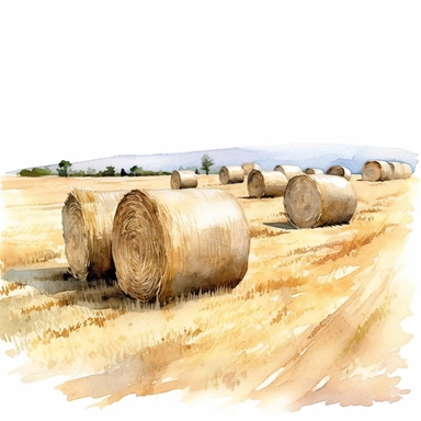 realistic watercolor drawing of a several bale of hay in the middle of a field spread out in distant background, on a white background where the background will be removed to repurpose as a clipart.